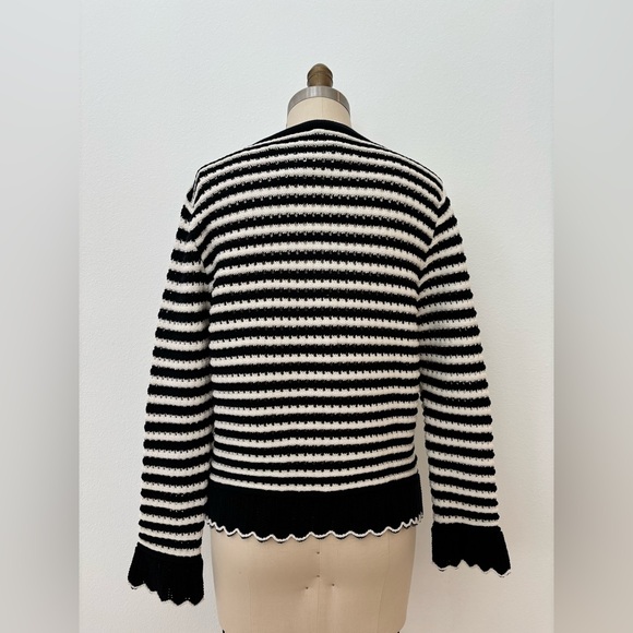 Zara Button Cardigan NWT Cotton Blend Black & White Stripes Scallop Details L - Picture 7 of 10